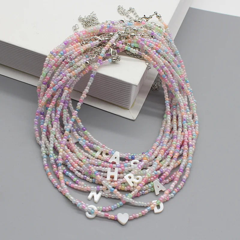 Colorful Seed Beads & Shell Letter Heart Necklace Boho Pendant Jewelry for Women