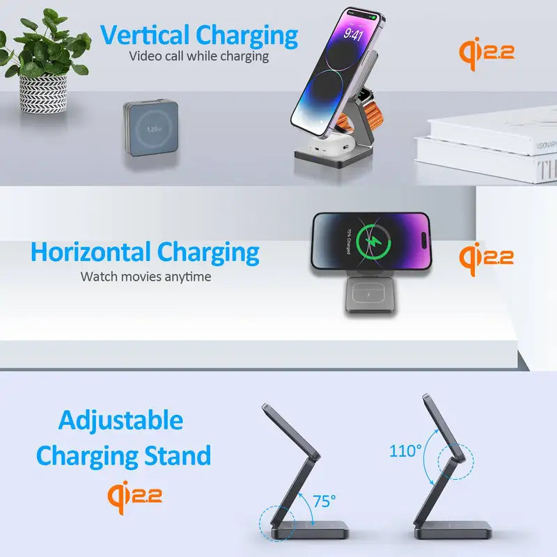 Foldable 3-in-1 Magnetic Wireless Charging Station for iPhone, AirPods & Smartwatch