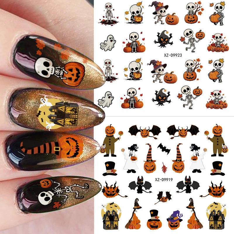 30pcs Halloween Nail Art Stickers Ghost Pumpkin Skull Bat Black Cat Decorations
