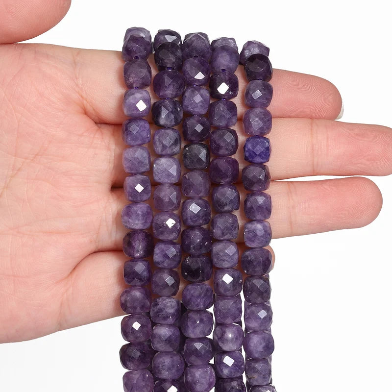 Natural Amethyst Beads 7-8mm Faceted Square Cube Loose Jewelry Making Supplies