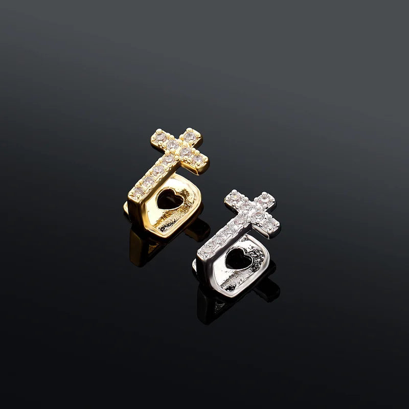 Full Zircon Cross Teeth Caps for Men Women Punk Hip Hop Shiny CZ Grillz Jewelry