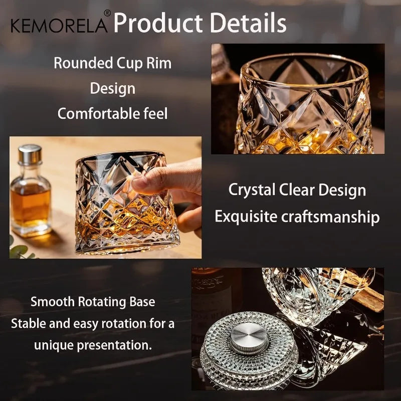 Rotating Whiskey Glass 360 Degree Crystal Beer Glass Thick Base for Bourbon Scotch