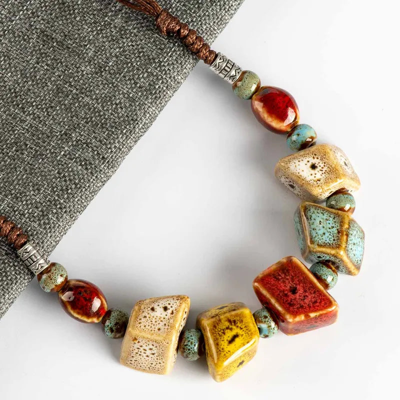 Colorful Irregular Shape Ceramic Beads Necklace Artware Antique Style for Women