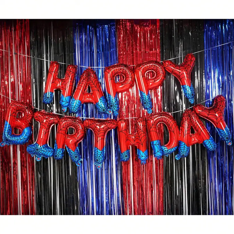 Spider Theme Birthday Banner with Red and Blue Letters for Superhero Party Decor