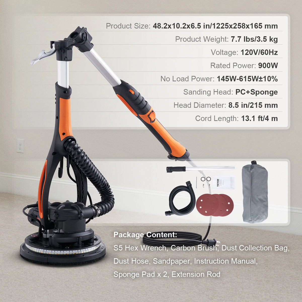 900W Drywall Sander with Dust Collection, Variable Speed & Self-Suction Handle