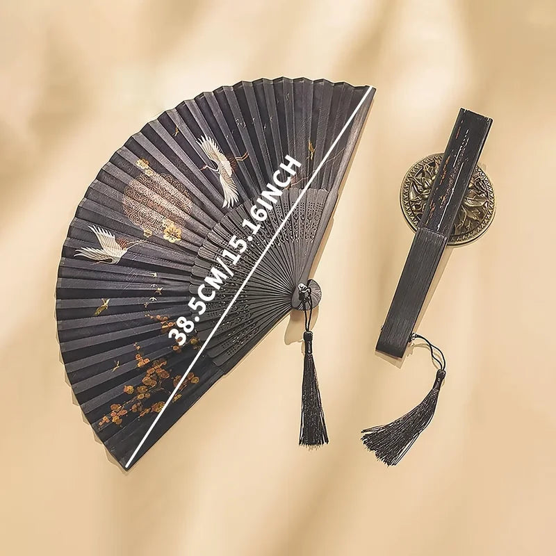 Vintage Chinese Hand Fan with Cranes Pattern Folding Fan for Travel & Performances