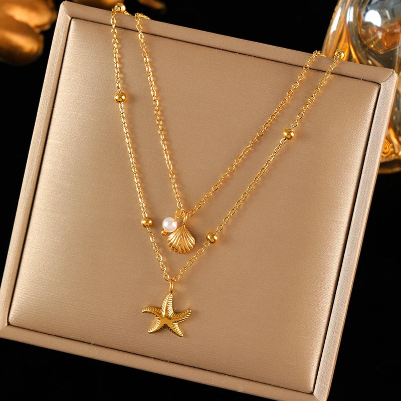 Ocean-Inspired Pearl Shell Starfish Sun Charm Necklace for Women – Gold Plated Handmade Jewelry