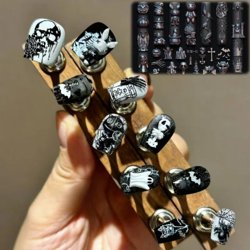 Halloween 3D Nail Decoration Mold Skull Pumpkin Bat Ghost Spider Web Candle Candy