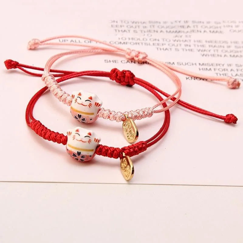 Cute Lucky Cat Braided Bracelet for Women - Adjustable Animal Jewelry Gift
