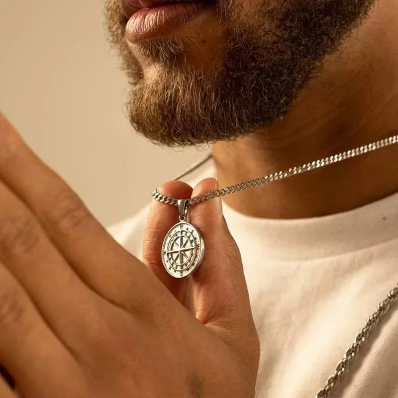 Retro Compass Pendant Necklace Men Stainless Steel Hip Hop Jewelry Gift
