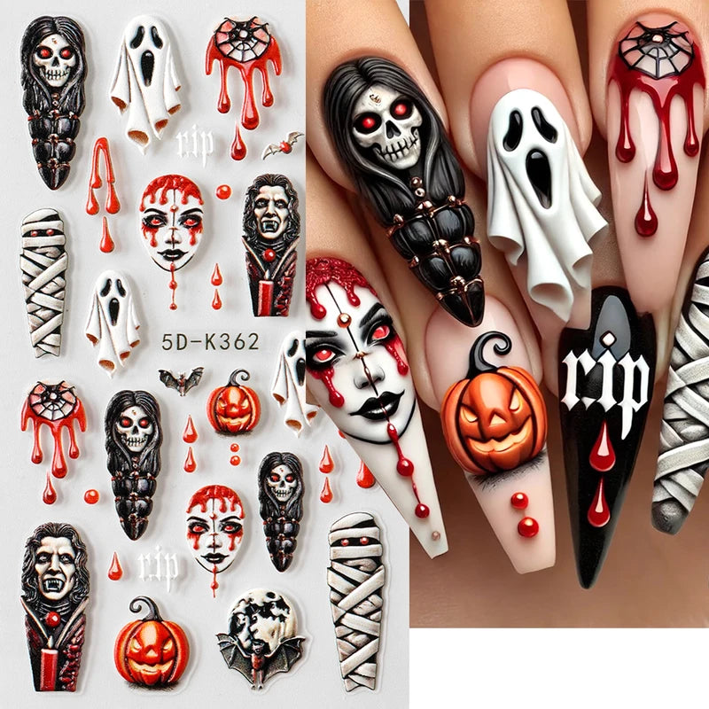 Halloween Ghost Mummy Blood Nail Stickers - 2 Pack Spooky Nail Art Decals for Manicure