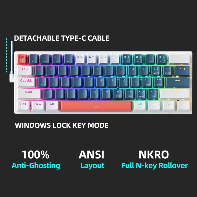 Mini Mechanical Gaming Keyboard 60% Wired RGB Backlit Hot-Swappable Switches
