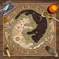 Celestial Sun and Moon Cat Altar Tablecloth with Starry Sky and Tarot Elements — Multiple Sizes