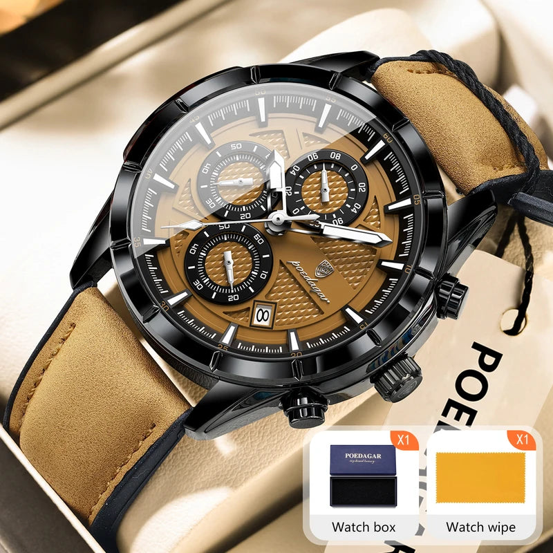 Men's Waterproof Luminous Quartz Chronograph Watch with Leather Strap