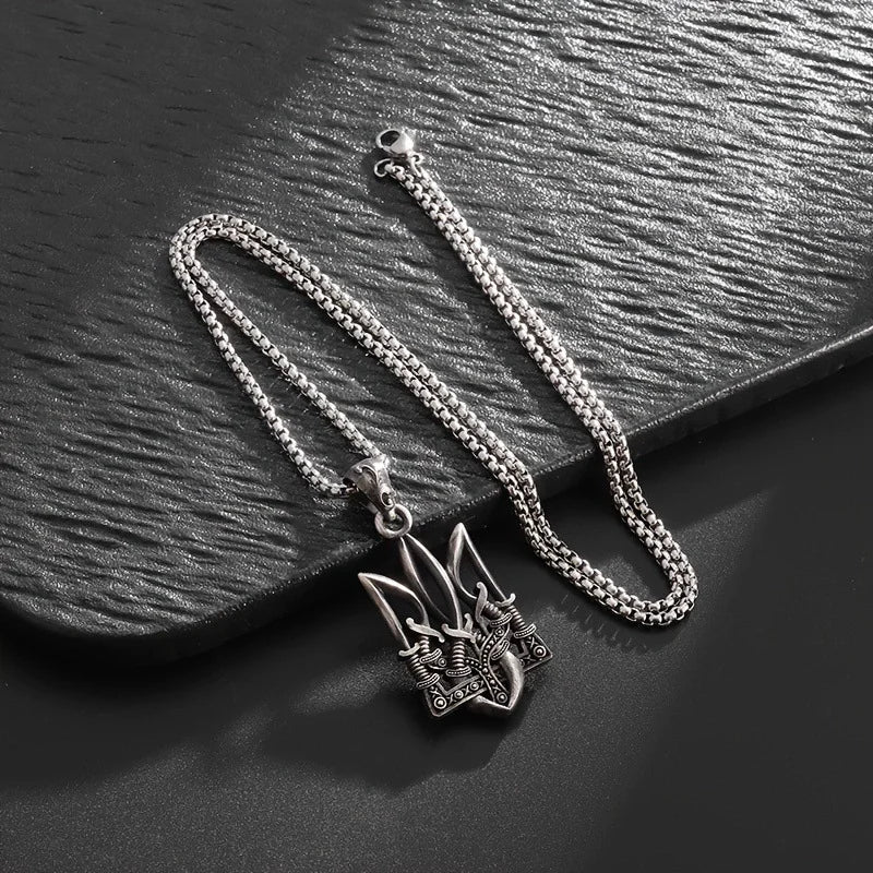 Neptune Poseidon Trident Necklace Pendant Men Jewelry Silver