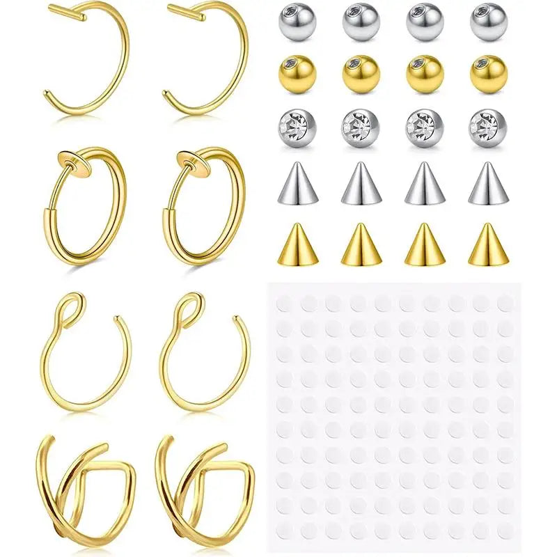 Fake Piercings Set - Lip, Nose, Eyebrow Hoop and Snake Bites Jewelry