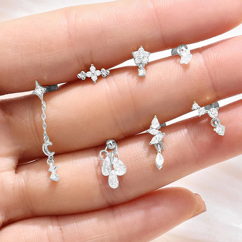 Sterling Silver Horse Earring with Zircon Star Flower Geometric Design - Women’s Stud Jewelry