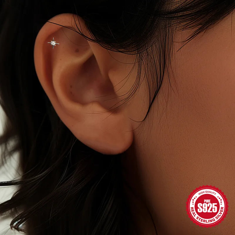 Sterling Silver Star Stud Earrings 5/6/8mm Cartilage Helix Piercing Jewelry