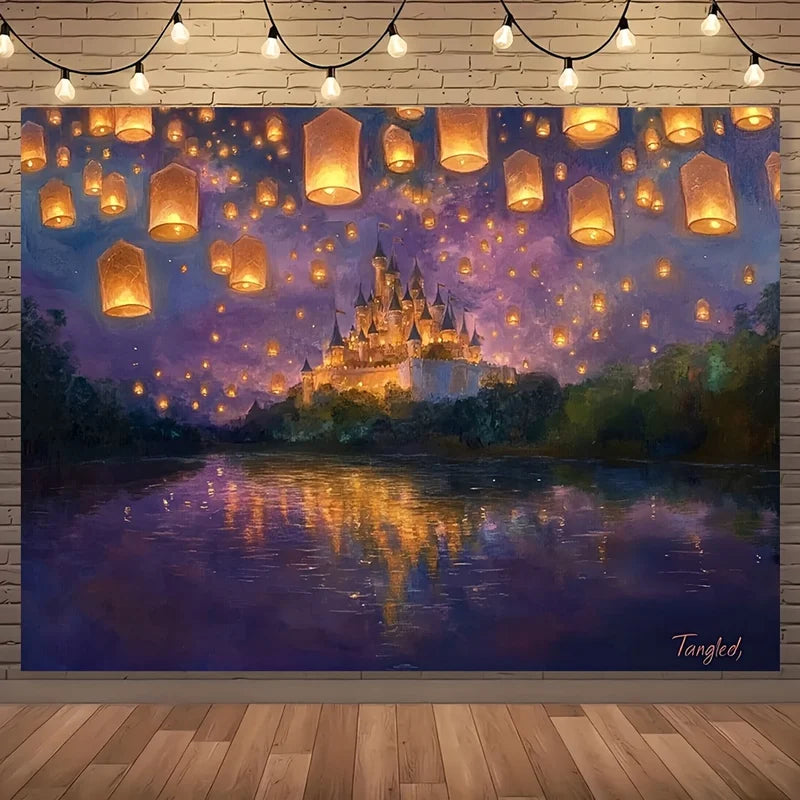 Princess Castle Yard Decoration with Glittering Lanterns and Flag Background - Festival & Party Decor