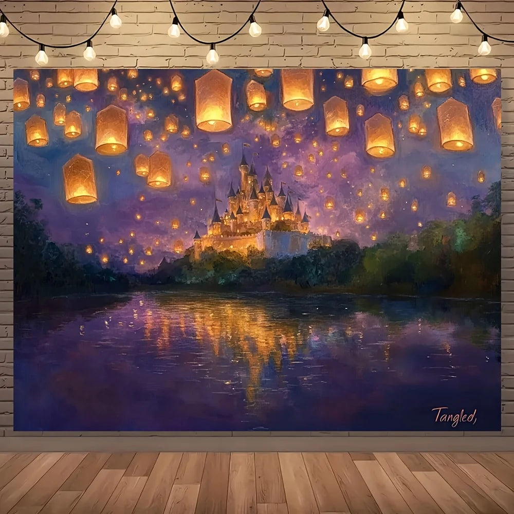 Princess Castle Yard Decoration with Glittering Lanterns and Flag Background - Festival & Party Decor