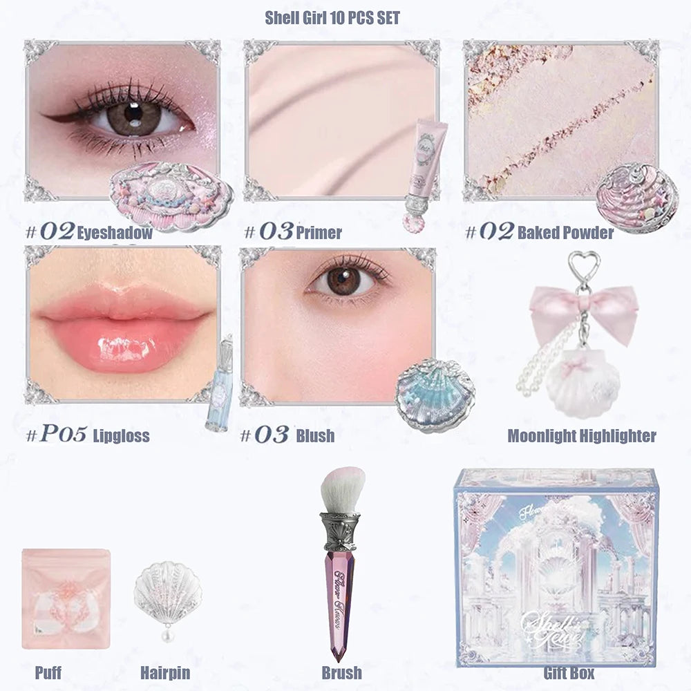 Flower Knows Shells Pearl Eyeshadow & Lip Makeup Kit - Full Professional Gift Set