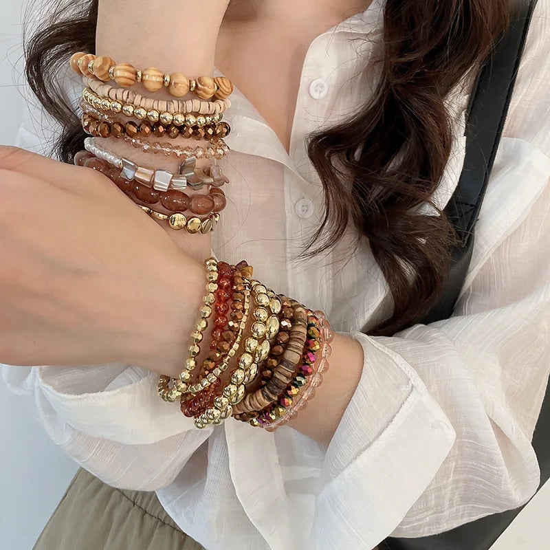 Vintage Glass & Wooden Beaded Bracelets Set - Ethnic Boho Style, Stackable Jewelry for Women Men