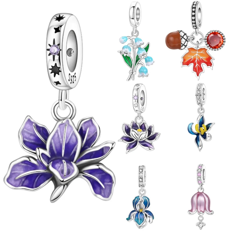 Sterling Silver Flower Pendant Charms for Jewelry Making - Purple Iris