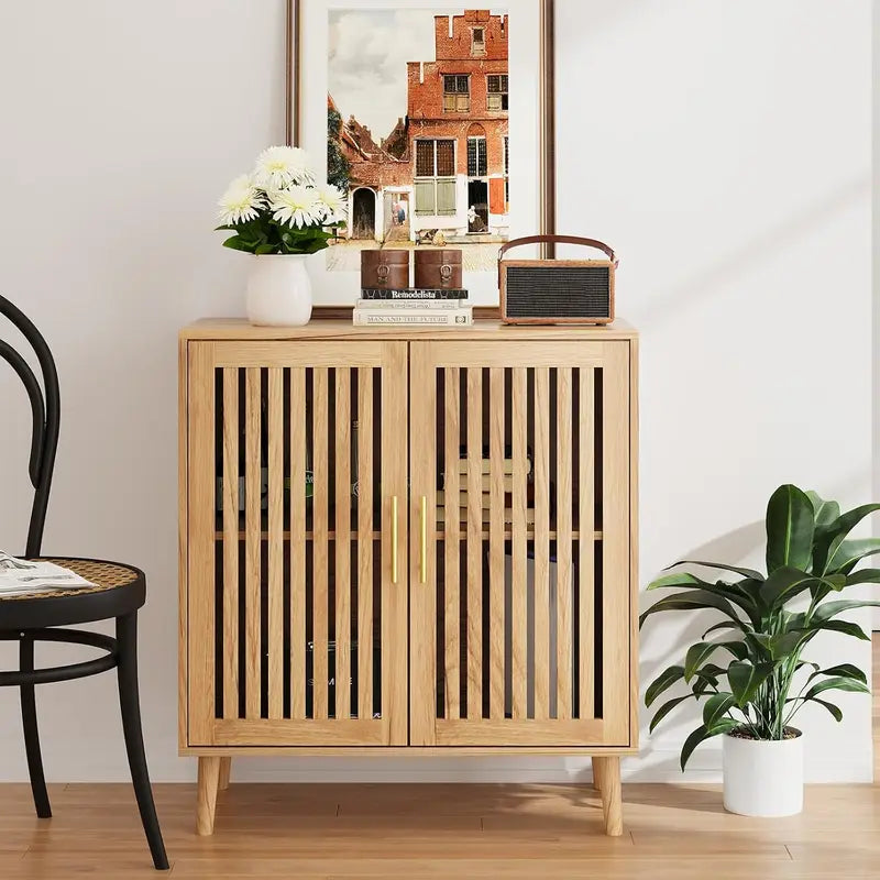 Modern Farmhouse Buffet Sideboard with Grille Doors & Adjustable Shelves - Wood Storage Cabinet for Kitchen, Living Room, Entryway, 31.5"