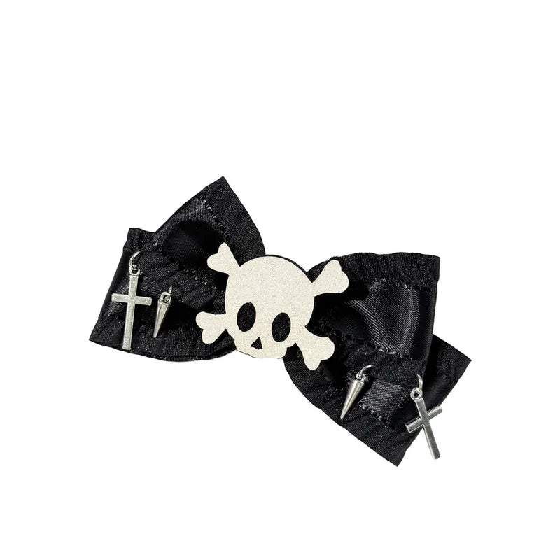 Halloween Gothic Hair Clips Set - Skull & Cross Design, Black Bow Accessories