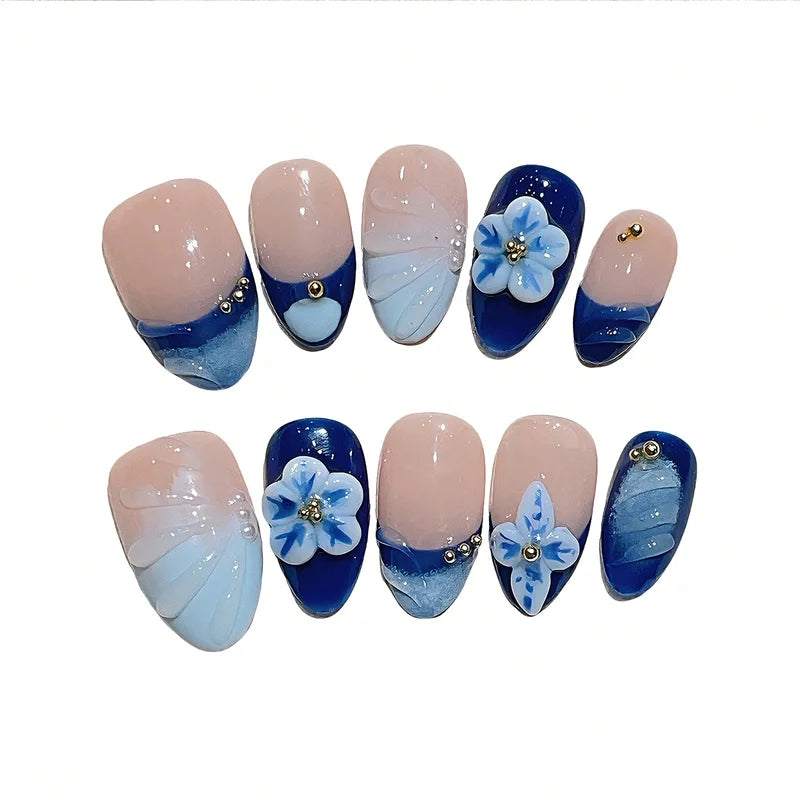 10pcs Short Almond Fake Nail Kit with Carved Flowers and Ribbon - Nude & Colorful Variants
