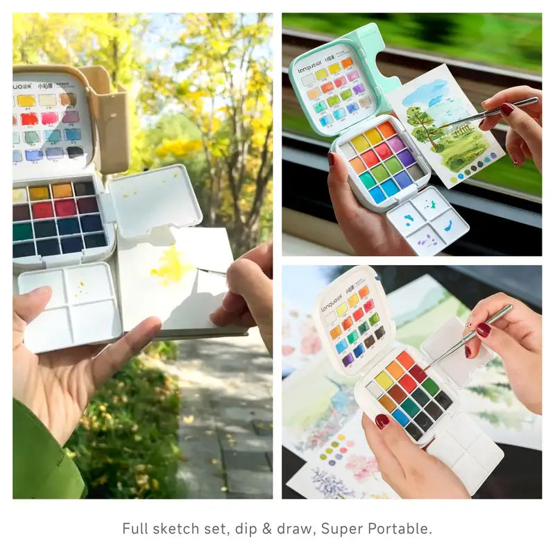 16-Color Portable Watercolor Paint Set with Travel Brush & Palette