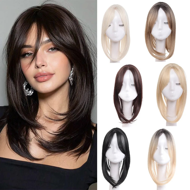 Middle Part Hair Topper with Side Bangs, Synthetic Fiber Wig Piece for Thinning Crown & Volume