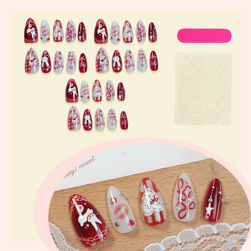 24Pcs Bow Cartoon Rabbit Press-On Nails - Full Cover Almond Fake Manicure Set