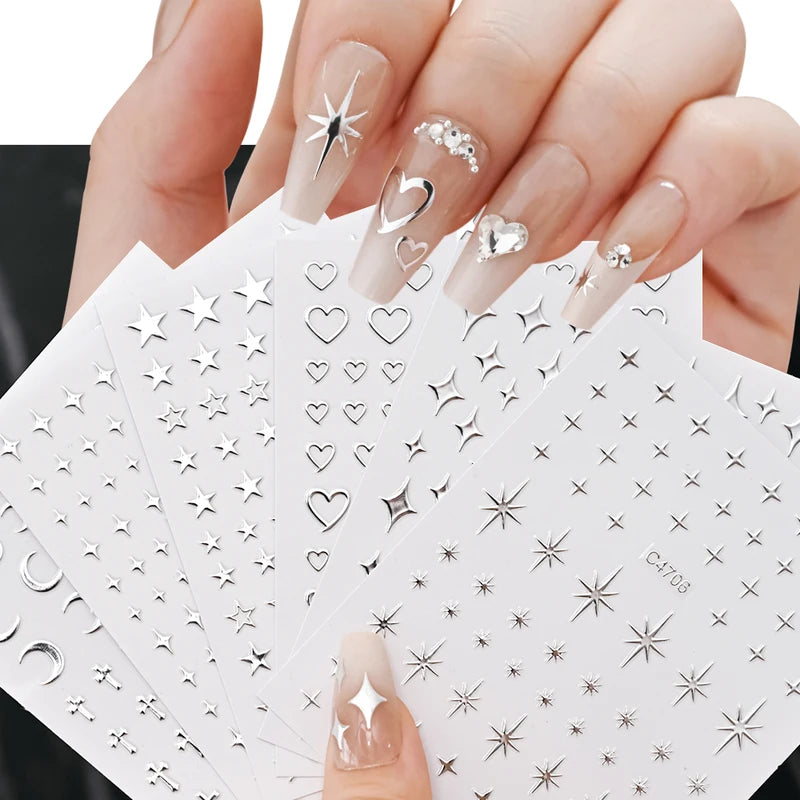 Silver Metallic Nail Stickers Set - 6 Sheets 3D Star Heart Chain Decals