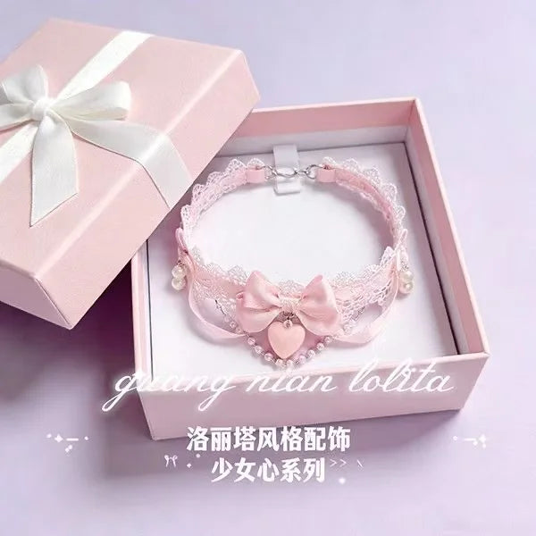 Sweet Lolita Pearl Lace Necklace with Bowknot Charm for Women and Girls - Romantic Cute Jewelry
