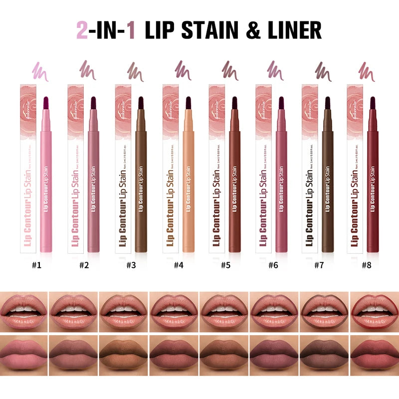 Waterproof Lip Stain & Lip Liner Duo - Smudge-Proof, Ultra Pigmented, Double-Sided Design
