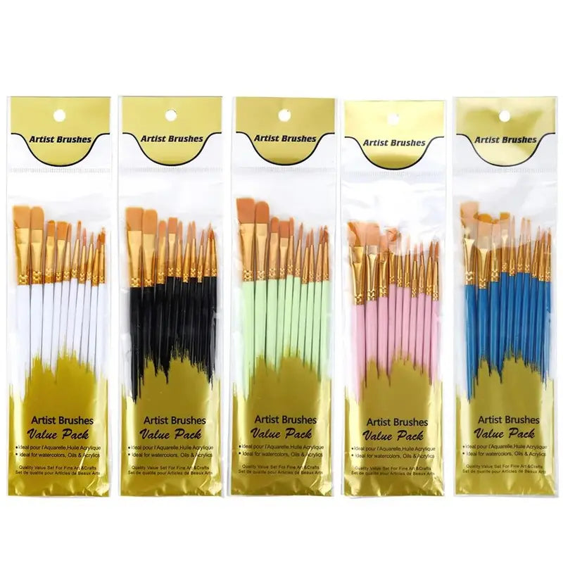 10Pcs Artist Paint Brush Set Nylon Watercolor & Oil Painting Brushes