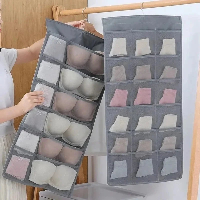 Foldable Double-Sided Hanging Storage Bag with Mesh Pockets for Underwear Socks