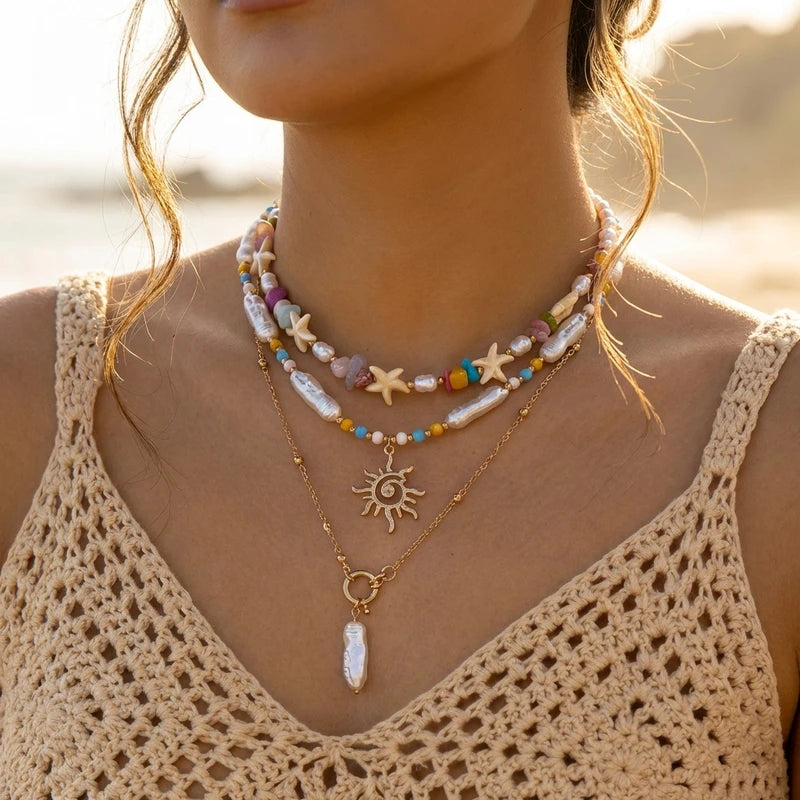Bohemian Pearl Starfish Pendant Necklace for Women - Trendy Irregular Blue Stone Beads, Link Chain, Beach Party Jewelry