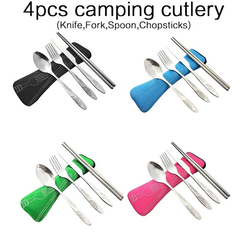 Portable Stainless Steel Cutlery Set for Camping - Fork, Spoon, Knife & Chopsticks with Bag