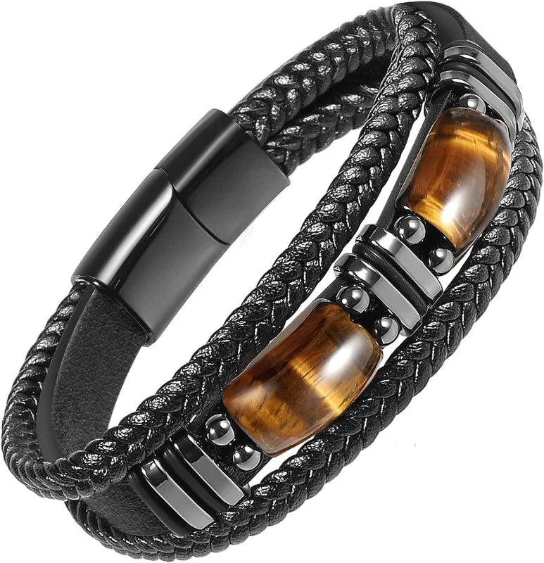 Men's Tiger Eye Leather Bracelet Natural Gemstone Jewelry - Stress Relief & Protection