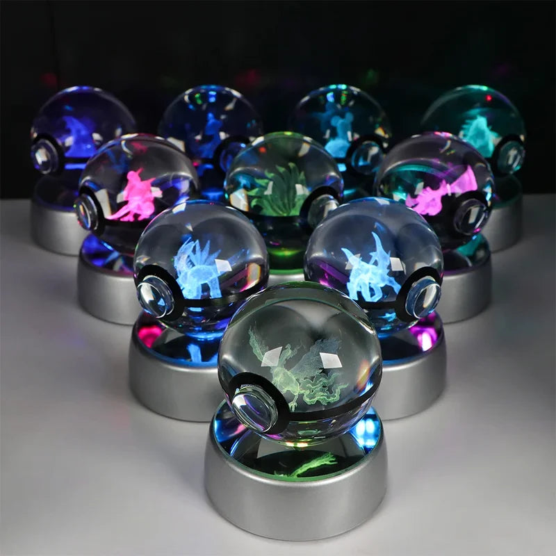 Pokemon Crystal Ball Pikachu Gengar Eevee Mewtwo Night Light with LED Base - 5CM Anime Collectible