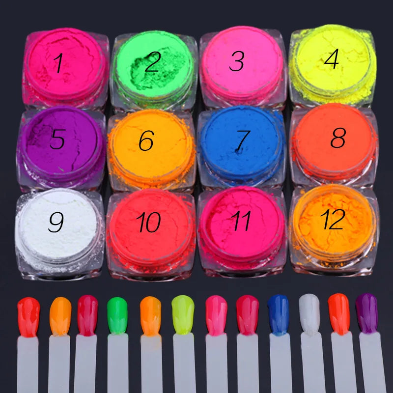 Neon Nail Powder Set Fluorescent Glitter Chrome Dust for DIY Manicure