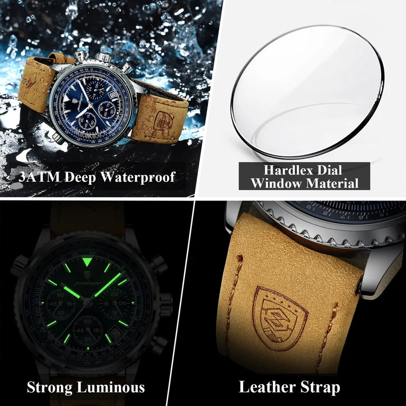 Luxury Men's Waterproof Luminous Chronograph Watch with Leather Strap