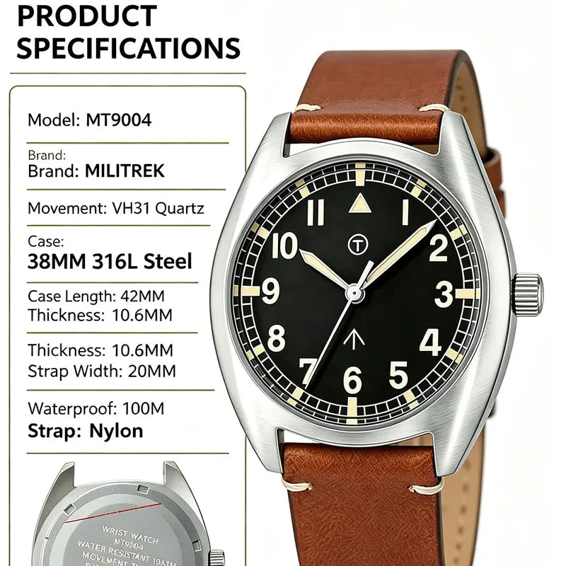 Men's Retro Field Watch 38mm Sapphire Glass Waterproof Quartz Sport Watch