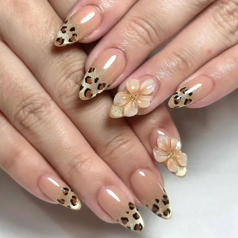 24Pcs Irregular Gilded False Nail Set with Pearl Glitter Almond Acrylic Tips