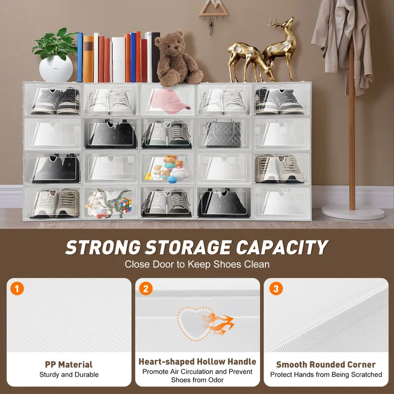 Stackable Transparent Shoe Storage Box with Side Flap - Dustproof & Ventilated, 20pcs