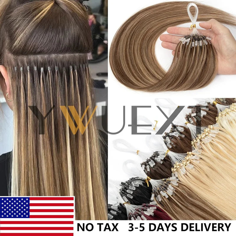 Micro Loop Hair Extensions 12-20 Inch Human Hair Beads Set for Women