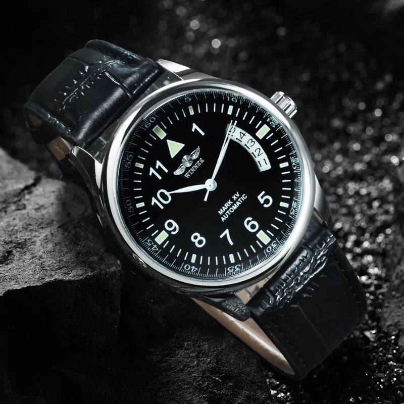 Men's Automatic Mechanical Watch with Leather Strap and Date Function