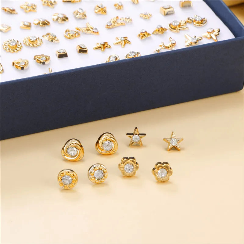 100 Pairs Small Stud Earrings Set for Women Geometric Star Animal Party Jewelry